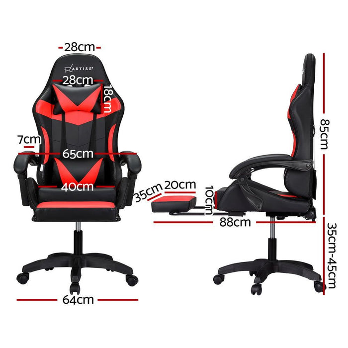 Artiss 6 Point Massage Gaming Office Chair 7 LED Footrest Red -Home Living Store - -