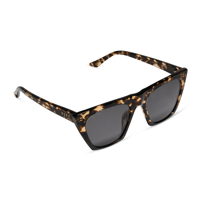 diff eyewear avril cat eye sunglasses with a espresso tortoise frame and grey lenses detailed view