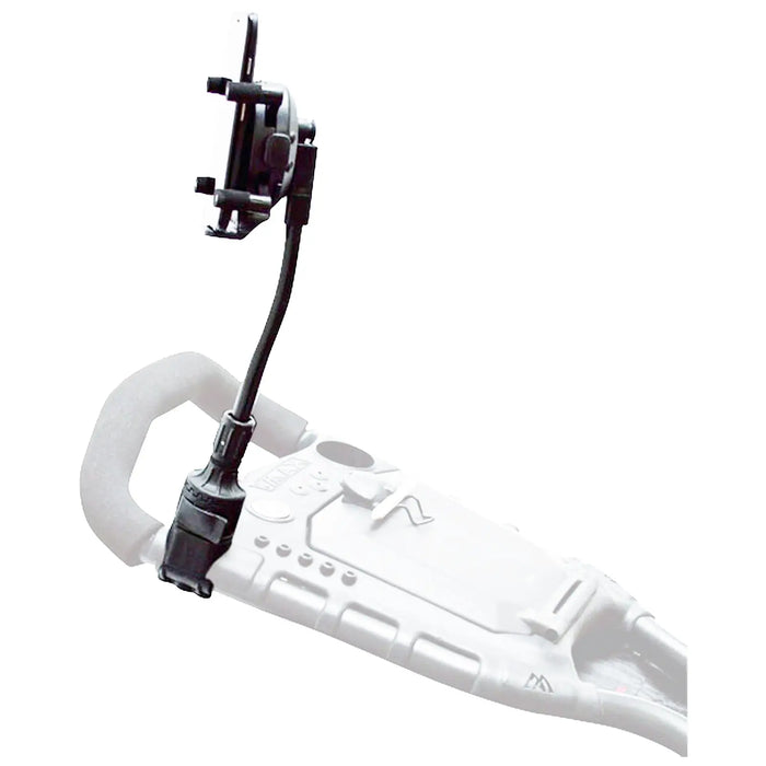 A phone mount is attached to a handle of a device with a flexible arm allowing the phone to be positioned securely for hands-free use in operational activities.
