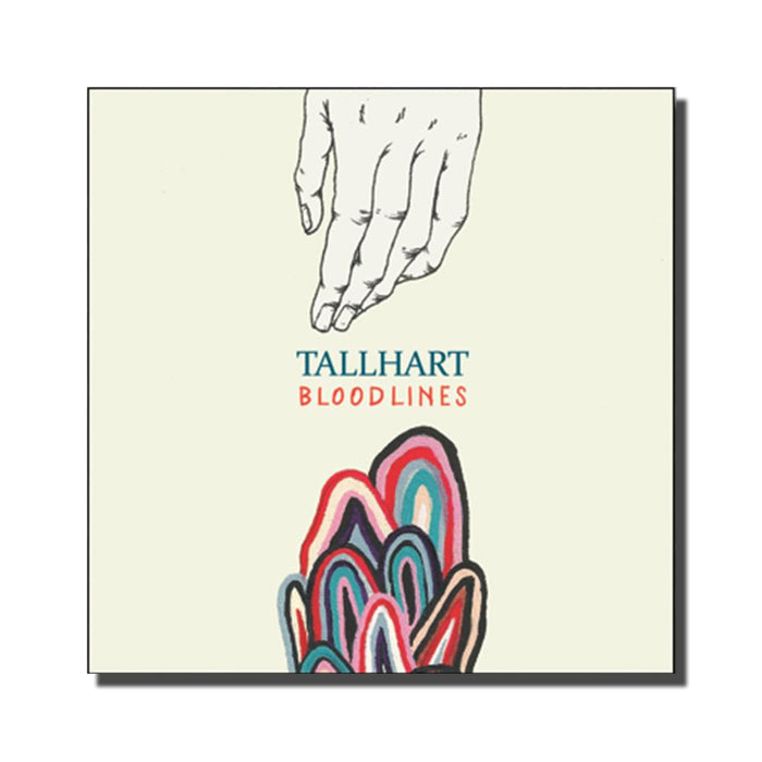 The Bloodlines CDEP by TALLHART features an illustrated cover with a hand reaching for colorful, abstract shapes. TALLHART appears in blue, BLOODLINES in red. Includes a track list featuring Brooklyn Is Burning.