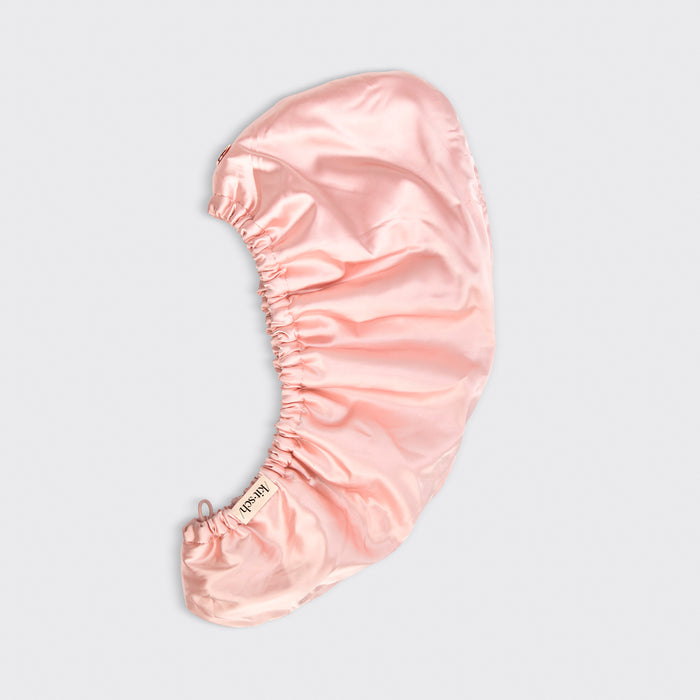 Blush Satin Wrapped Hair Towel shown flat on a light gray background