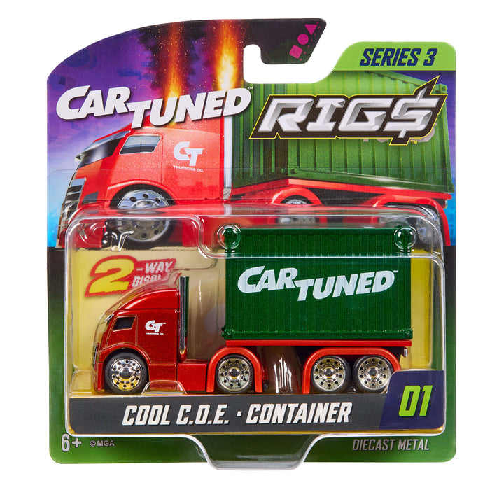 A packaged toy diecast metal truck and container set from Carttuned Rigs Series 3, featuring a orange cab and green container labeled 'CAR TUNED'.