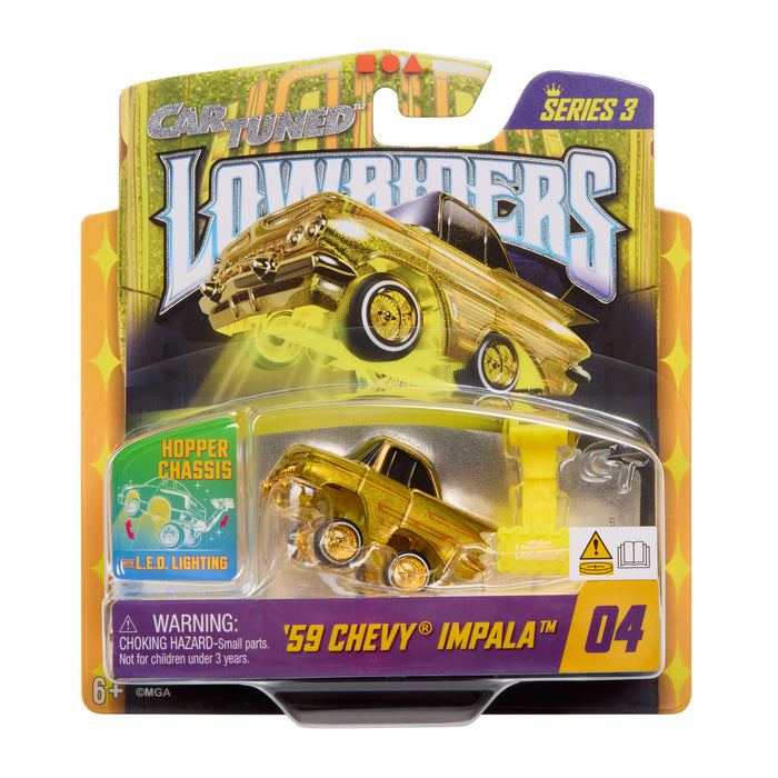 Toy car packaging featuring a '59 Chevy Impala model with colorful design elements.