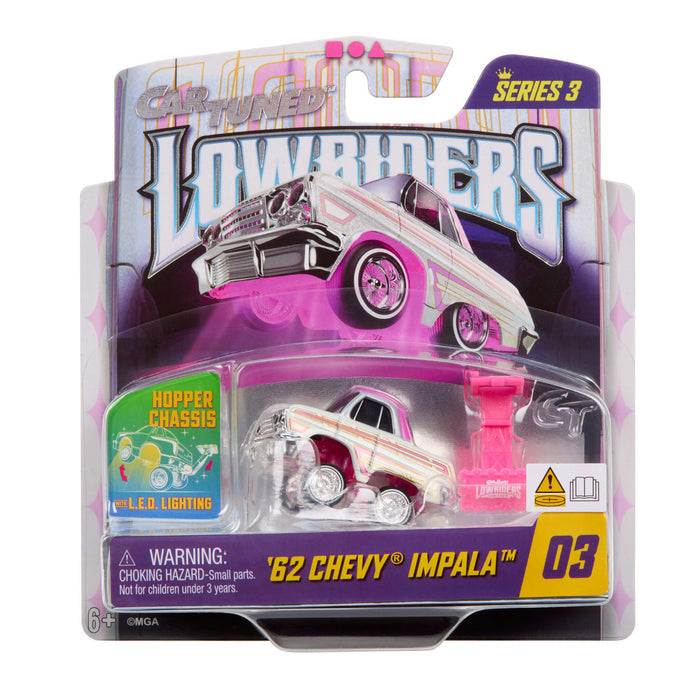 Toy car packaging featuring a '62 Chevy Impala with colorful design and branding.