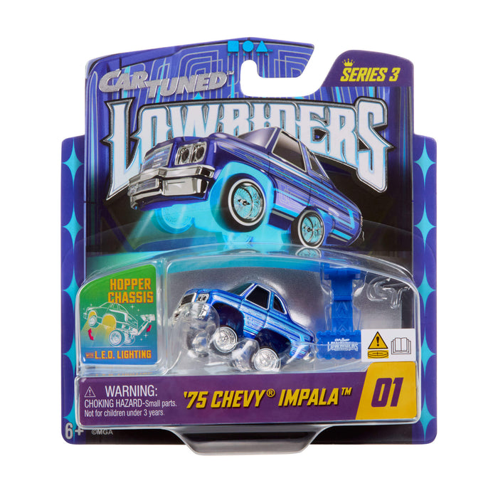 Toy car packaging for a '75 Chevy Impala with 'Car Tuned' and 'Loweriders' branding.