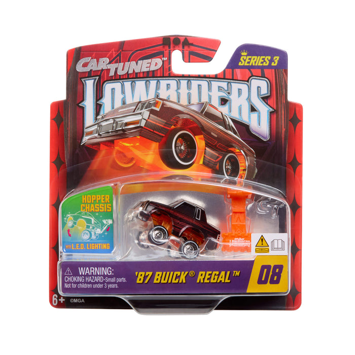 Toy car in packaging with 'Car Tuned' and 'Lowriders' branding on a white background