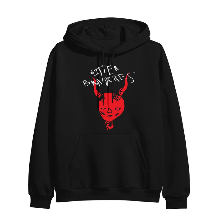 Black pullover hoodie with BITTER BRANCHES written in white scratchy font across the chest. Below that is a messy drawing of a devil in red.