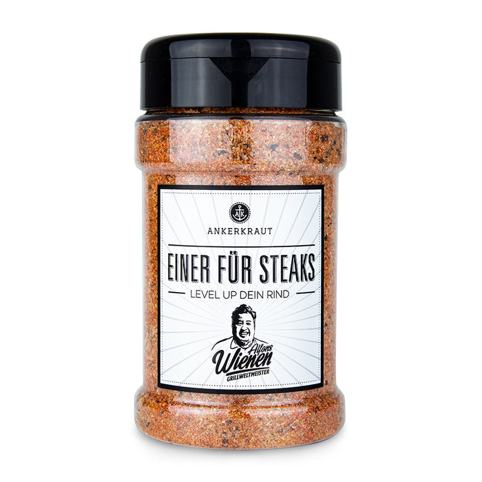 Ankerkraut Rub Steak im Gewürzstreuer vor weißem Hintergrund.