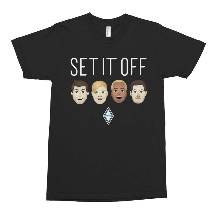Set It Off Emoji T-Shirt by Next Level Apparel features the text "SET IT OFF" above four cartoon faces, with a small blue diamond below.