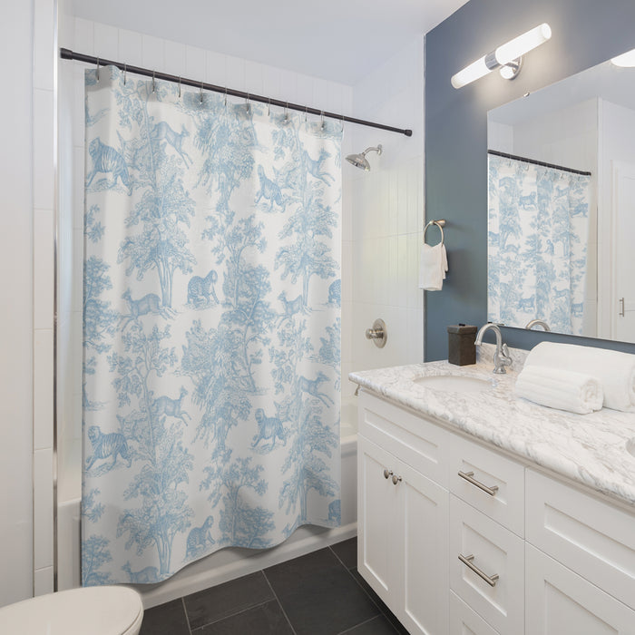 Exotic Tiger Toile de Jouy Light Blue Shower Curtain