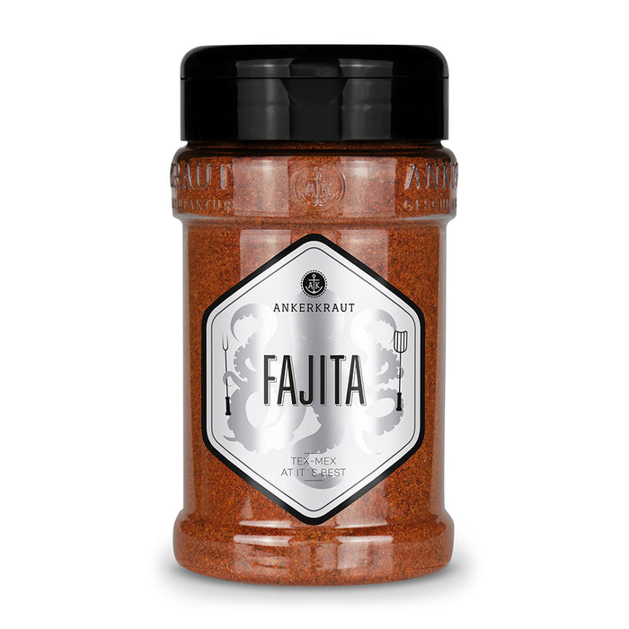 Ankerkraut Fajita Gewürz im Gewürzstreuer vor weißem Hintergrund.