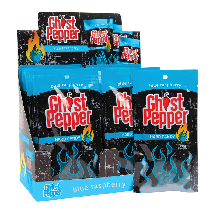 Flamethrower Candy Ghost Pepper Blue Raspberry Hard Candy Peg Bag - 24 Count
