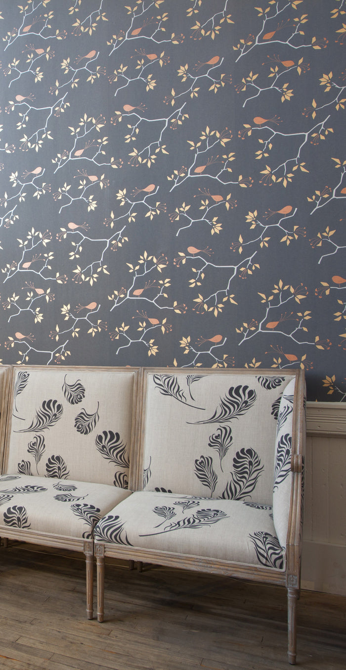 Geo Bird Wallpaper Metallic Bronze, Silver and Copper on Graphite