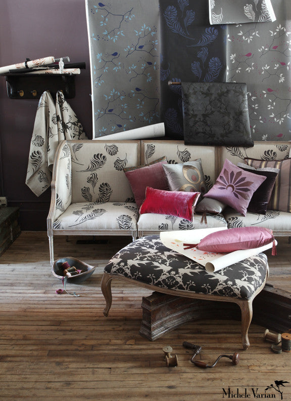 Geo Bird Wallpaper Metallic Silver and Plum on Graphite Gray