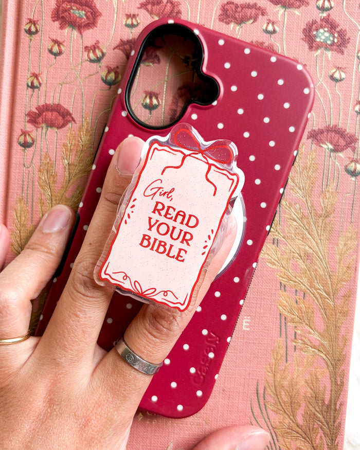 Girl Read Your Bible Coquette Magnetic Kindle Grip or Phone Holder - The Bean Workshop - Bookish Accessories, kindle grip, reading accessories