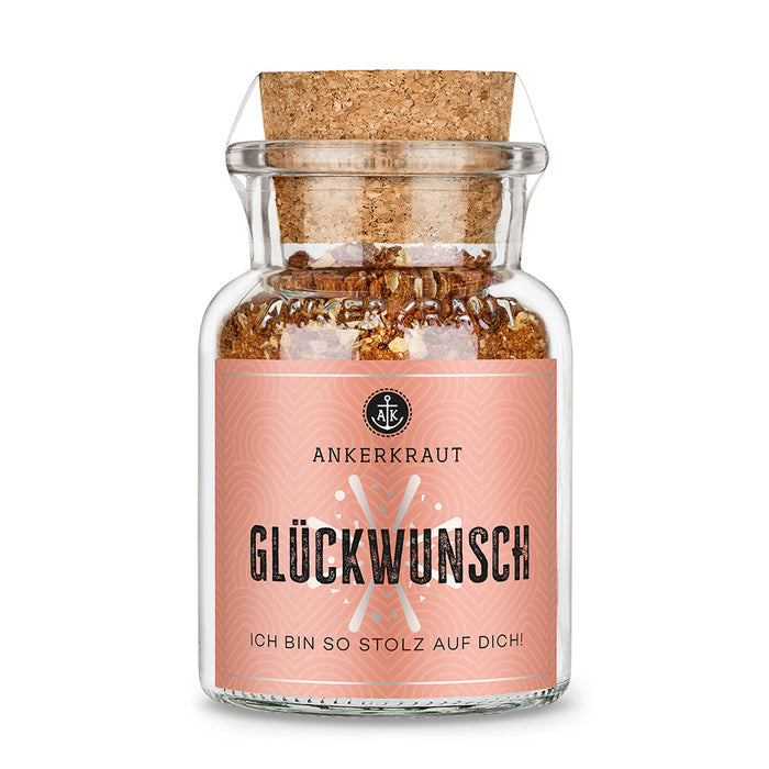Korkenglas mit Glückwunsch Etikett