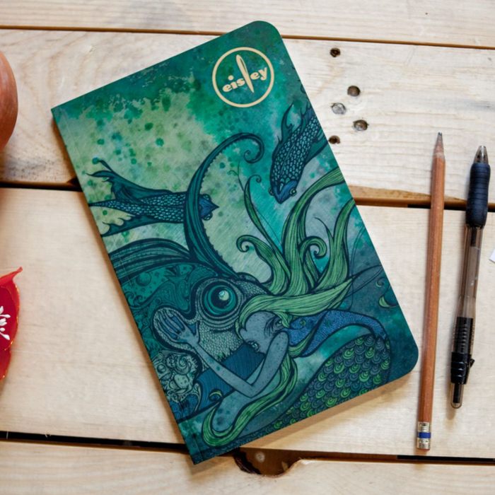 Teal colored notebook with a large fish in the center. Surrounding it are other sea creatures swimming in its direction. There is a yellow circle with text on the inside that says EISLEY. To the right there are pencils laying on top of a wooden surface with the notebook.