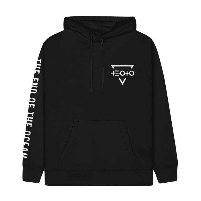 A pullover hoodie by The End Of The Ocean, featuring a white geometric band logo on the chest and bold white "THE END OF THE OCEAN" text down the left sleeve—perfect for fans.