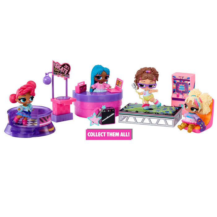 Set of four toy dolls with colorful outfits and accessories on a white background