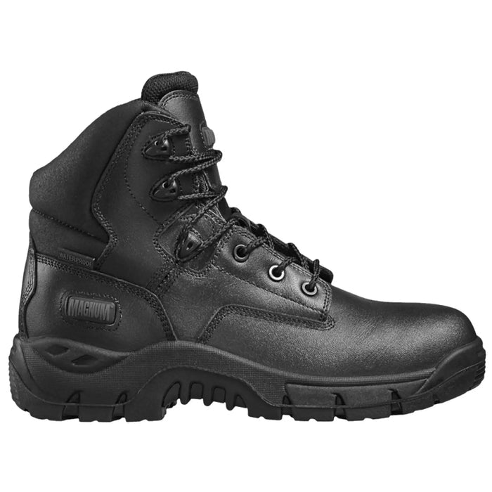 A black waterproof tactical boot is standing upright featuring laces and eyelets on the front with a rugged sole designed for traction in various environments.