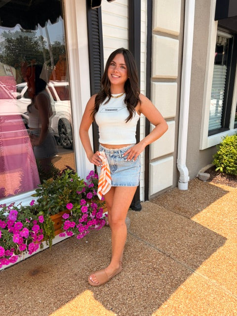 Mid Waist Denim Skirt With Lace Trim Detail