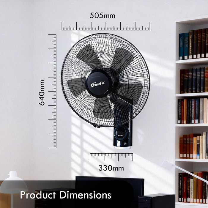 PowerPac 18" Wall Fan – Remote Control, Adjustable Tilt, Oscillation, Safe & Easy Installation, Thermal Protection, 3-Speed, black, PPWF98R