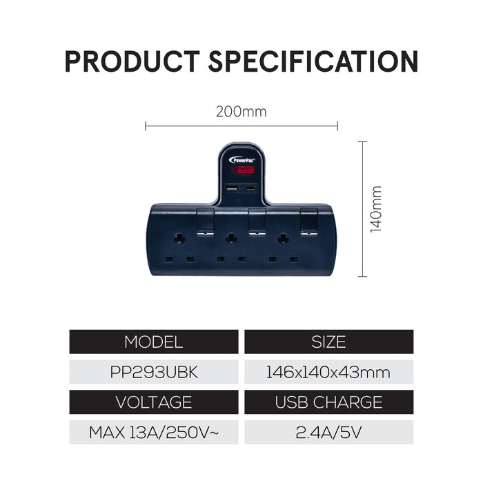 PowerPac Multi Plug Extension Adapter with 3 Way adapter, USB-A, USB-C, 3 Way Socket Adaptor (PP293UBK)
