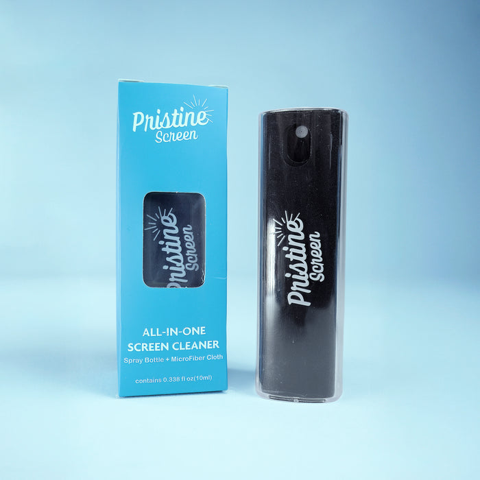 Pristine Screen all-in-one screen cleaner with packaging on a light blue background