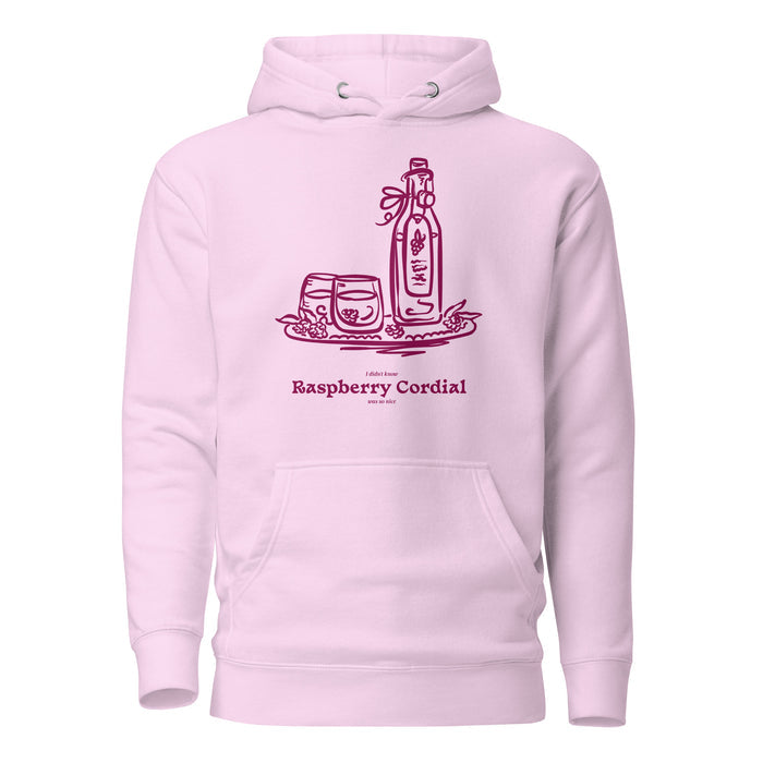 Raspberry Cordial Hoodie - The Bean Workshop - Anne of Green Gables, Anne Shirley Fandom, Book Club Gift, Cordial Bottle Motif, Cottagecore Aesthetic, Crimson Berry Illustration, Hoodie, L.M. Montgomery, Literary Quote Hoodie for Anne Fans, Raspberry Cordial Hoodie for Book Lovers, Reader Gift, Vintage Sketch Style