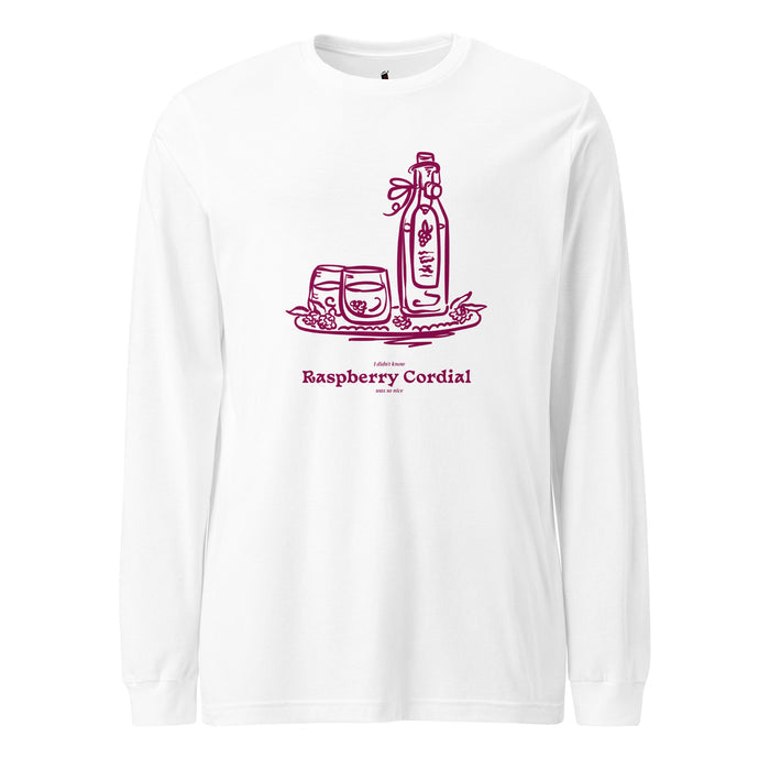 Raspberry Cordial Long Sleeve Tee - The Bean Workshop - Anne of Green Gables, Anne Shirley Fandom, Book Club Gift, Cordial Bottle Motif, Cottagecore Aesthetic, Crimson Berry Illustration, L.M. Montgomery, Literary Quote Long sleeve Shirt for Anne Fans, Long sleeve Tee, Raspberry Cordial long sleeve tee for Bookworms, Reader Gift, Vintage Sketch Style