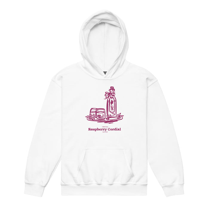 Raspberry Cordial Youth Hoodie - The Bean Workshop - Anne of Green Gables, Anne Shirley Fandom, Cordial Bottle Motif, Cottagecore Aesthetic, Crimson Berry Illustration, Gift for Young Book Lovers, Kids Anne of Green Gables Hoodie, L.M. Montgomery, Raspberry Cordial Youth Hoodie for Young Readers, Vintage Sketch Style, Youth Hoodie