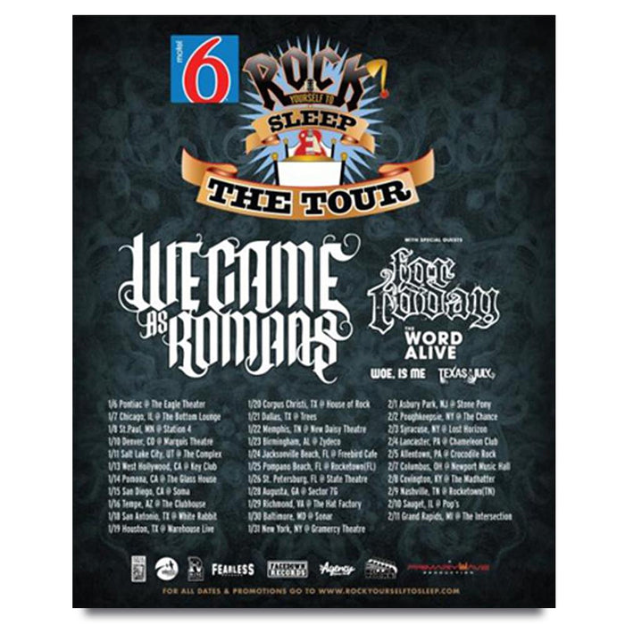 Poster for We Came As Romans "Rock Yourself To Sleep Tour". Background of poster is a dark color. Bottom poster has tour locations on it.