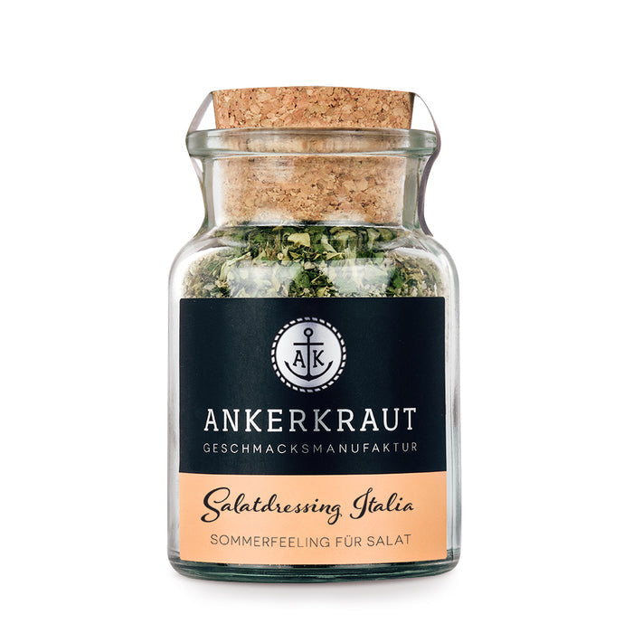 Ankerkraut Salatdressing Italia im Korkenglas auf weißem Hintergrund.