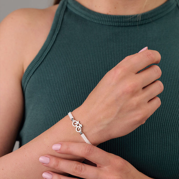 Silver Bike White Braided Bracelet
