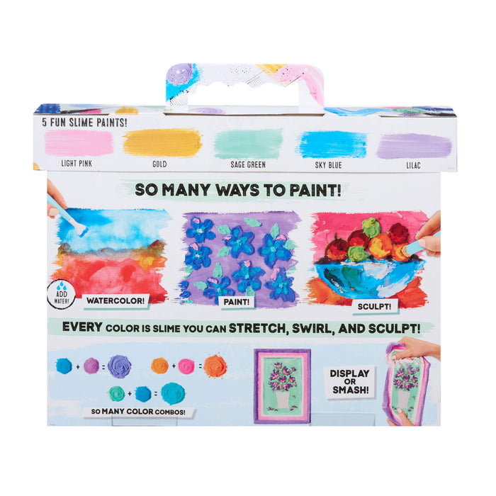 slime kit packaging with colorful paint swatches and text on a white background