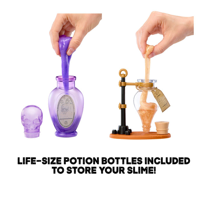 Life-size potion bottles with hands interacting with them on a white background.