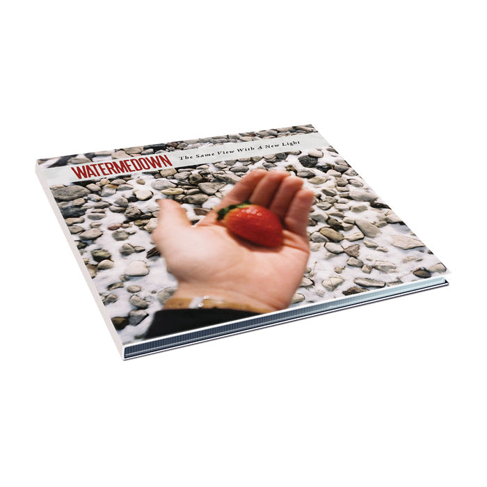 CD against white background. CD cover has a picture of someone's hand with a strawberry in their palm. There are rocks in the background. The top of the case has "WATERMEDOWN THE SAME VIEW WITH A NEW LIGHT" printed across.