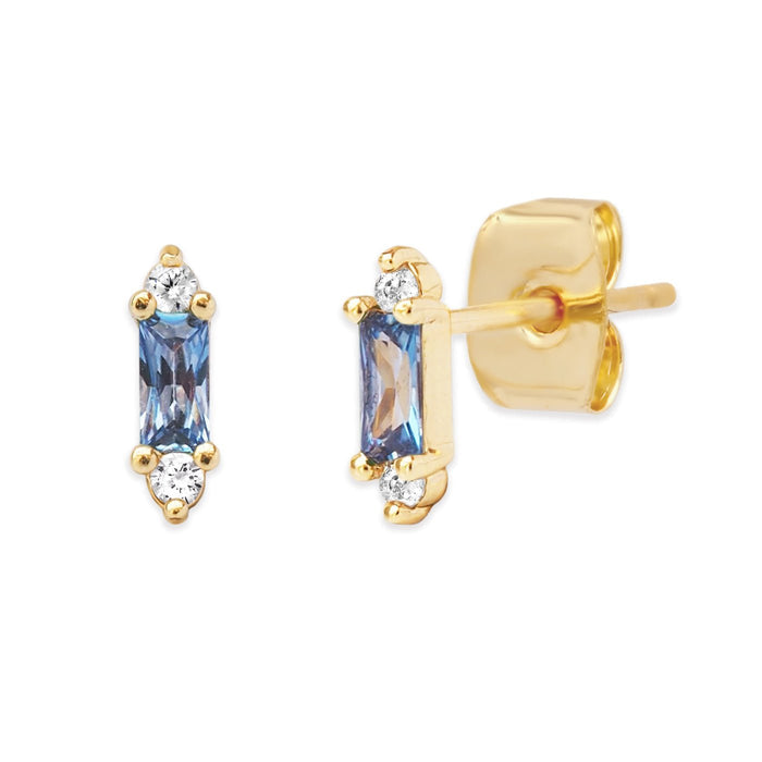 Tiny stick baguette with cz stud in Sapphire