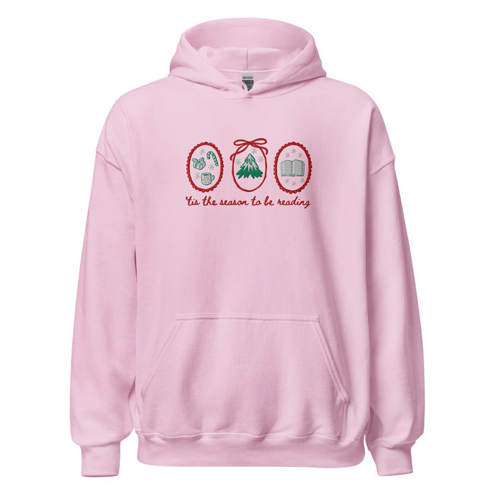 'Tis the Season to be Reading Embroidered Hoodie - The Bean Workshop - Bookaholic, Bookish Apparel, Bookworm Gift, Cozy Reader Gift, Embroidered Christmas Hoodie for Book Lovers, Festive Loungewear, High Quality, Holiday Gift, Minimalist Christmas, Premium Embroidered Hoodie, Reading Hoodie, Tis the Season to be Reading Pullover, Winter Wear