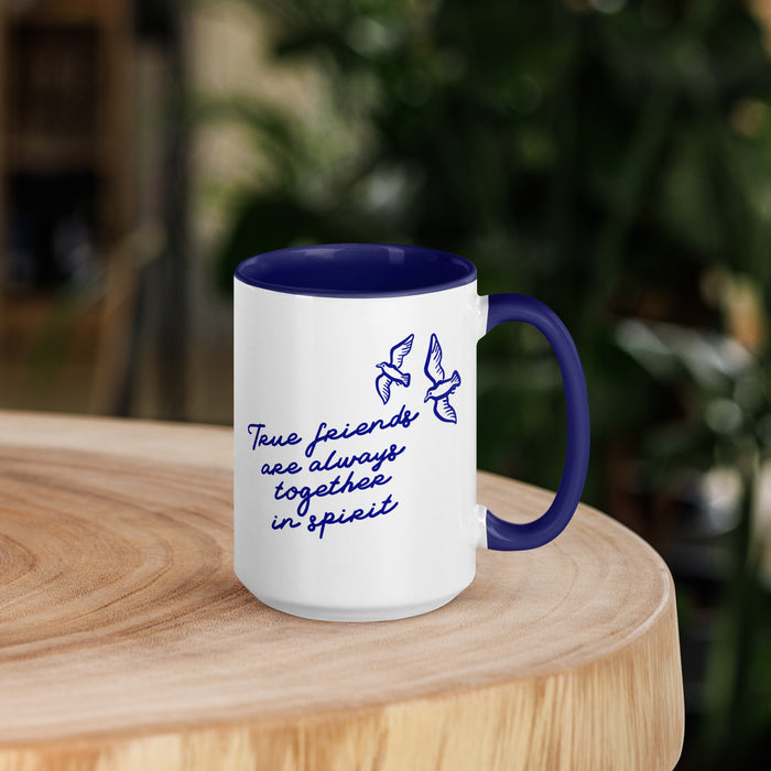 True Friends Are Always Together in Spirit Mug with Color Inside - The Bean Workshop - Anne and Diana Friendship Ceramic Mug for Readers, Anne of Green Gables, Anne with an E Fandom, Best Friend Gift, Bookish Gift, Ceramic Mug, Cottagecore Style, Floral Hat Motif, Friendship Aesthetic, L.M. Montgomery, Navy Blue Bird Illustration, True Friends Are Always Together in Spirit Mug for Book Lovers