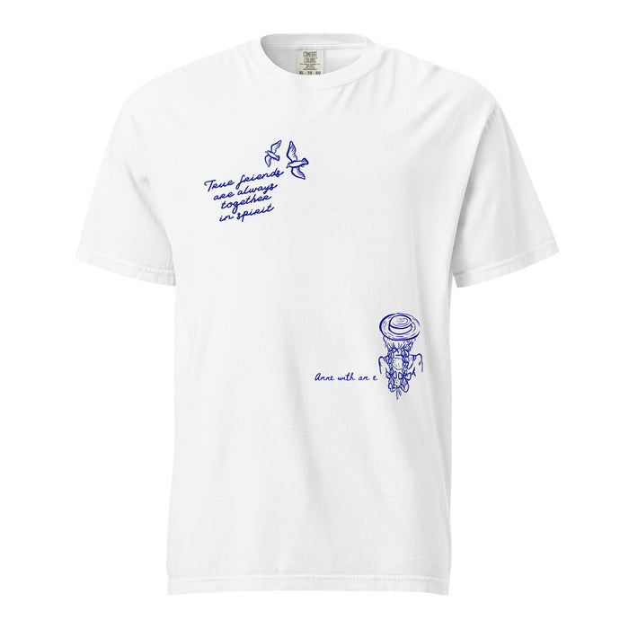 True Friends Are Always Together in Spirit T-Shirt - The Bean Workshop - Anne and Diana Friendship Quote Tee for Readers, Anne of Green Gables, Anne with an E Fandom, Best Friend Gift, Book Club Gift, Cottagecore Style, Floral Hat Motif, Friendship Aesthetic, L.M. Montgomery, Navy Blue Bird Illustration, T-Shirt, True Friends Are Always Together in Spirit Shirt for Book Lovers