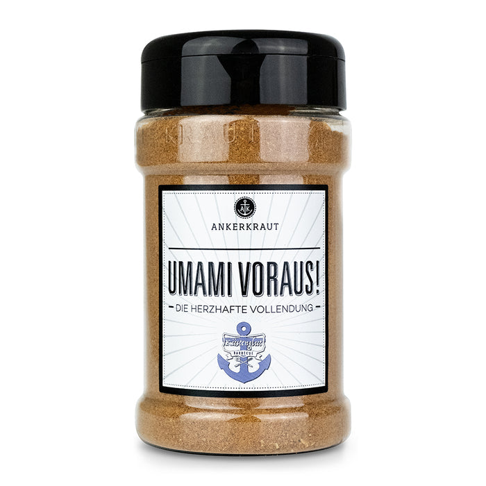 Ankerkraut Umami Gewürz im Gewürzstreuer vor weißem Hintergrund.