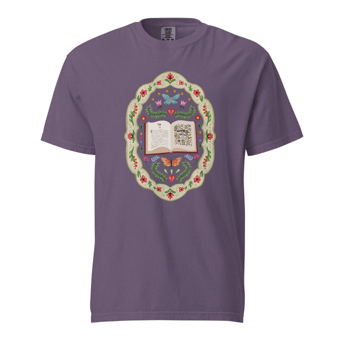 Whimsical Folklore Book T-shirt - The Bean Workshop - Bookish Community, Botanical Book Illustration, Cottagecore Aesthetic, Folk Art Design, Gift for Bookaholics, Happiness Blooms From Within Reader Tee, Jane Austen, Literary Fashion, Nature Lover, Reading Wardrobe, Storybook Magic, T-shirt, Whimsical Folklore Book Floral Shirt