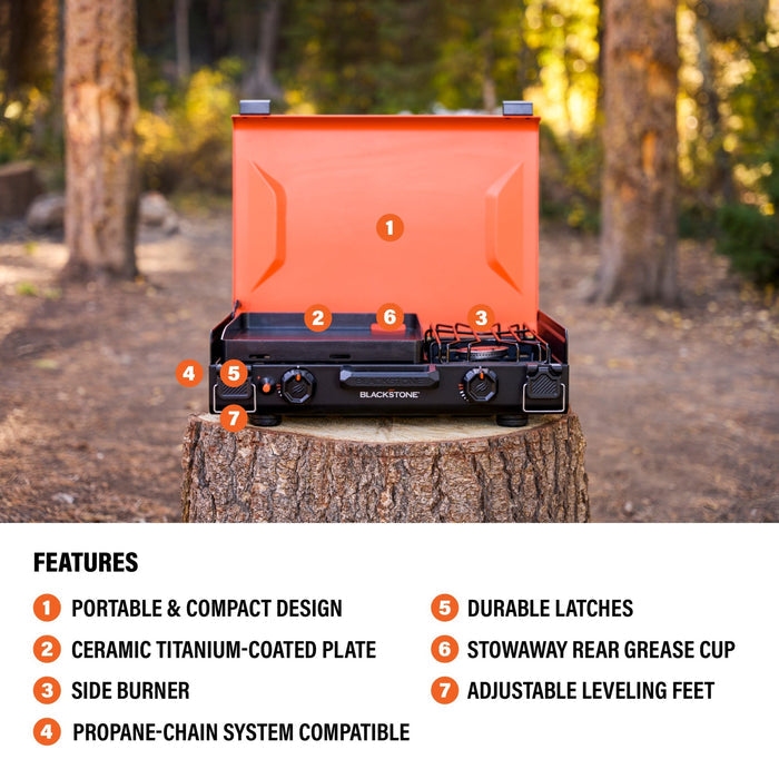 The 14" Griddle with Side Burner features a portable and compact design, ceramic titanium-coated griddle plate, side burner, Propane-Chain system compatibility, durable latches, stowaway Rear Grease cup, and adjustable leveling feet.