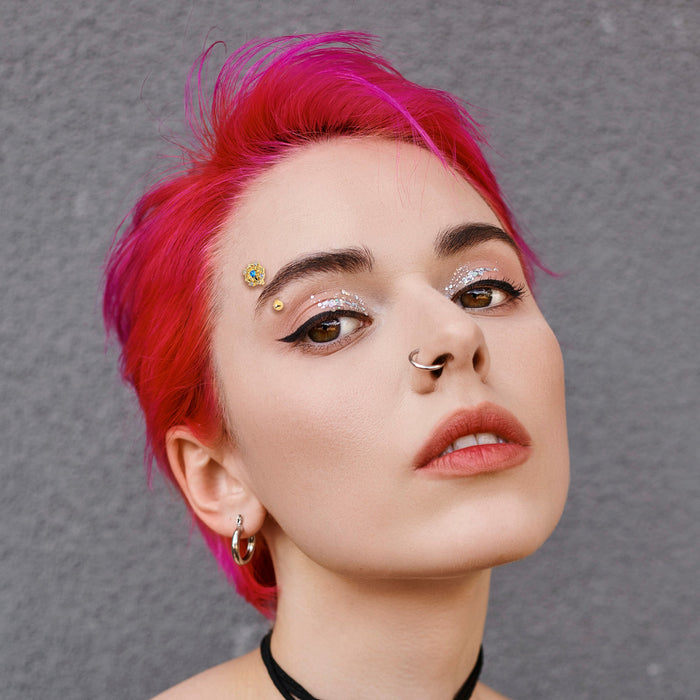 16G 5/16 Blue CZ Gem Gold Tone Flower Ring Curved Eyebrow Ring