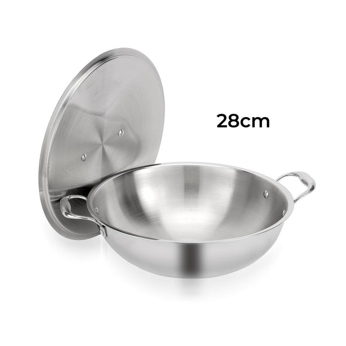 28cm Triply Stainless Steel Wok Kadhai With Lid