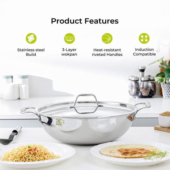 28cm Triply Stainless Steel Wok Kadhai With Lid
