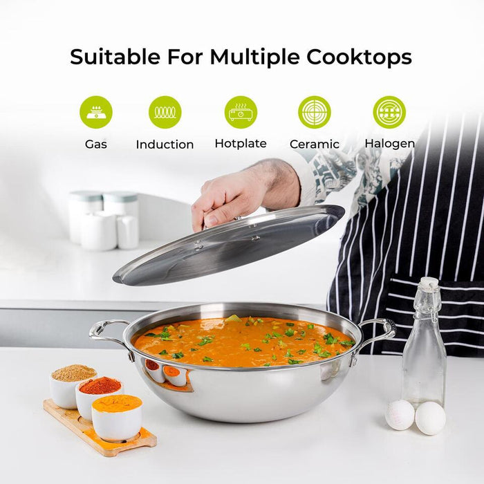 28cm Triply Stainless Steel Wok Kadhai With Lid