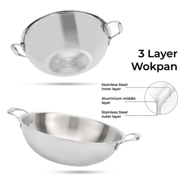 28cm Triply Stainless Steel Wok Kadhai With Lid