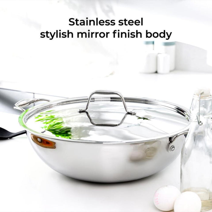 28cm Triply Stainless Steel Wok Kadhai With Lid